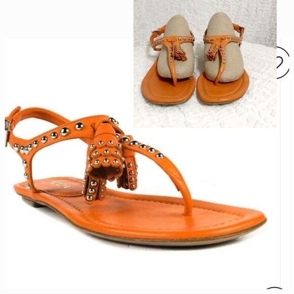 Prada Stud Tassel Orange Leather Sandals Size 38 - Picture 1 of 9